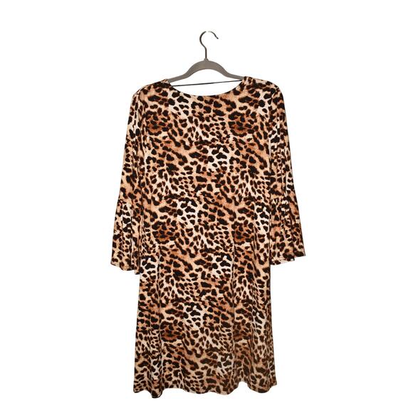 NEW DIRECTIONS NEW $54 Leopard Print Stretch Shift Dress Bell Sleeves Large - Picture 2 of 3